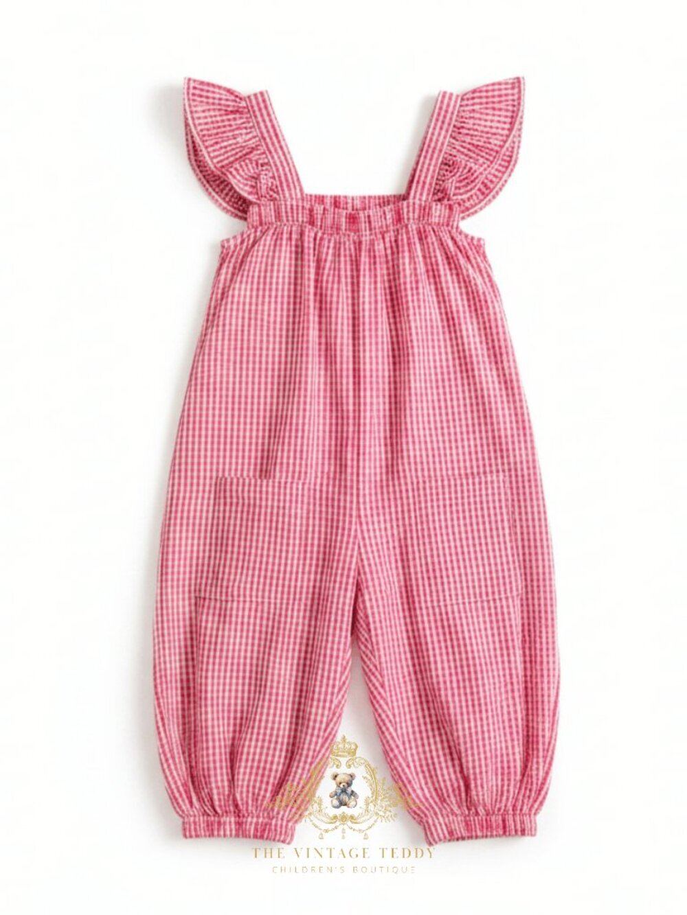 NWT Adorable Girls One-Piece Jumpsuit Kids Ruffles Bohemian Gingham Red White 5T - Picture 2 of 3
